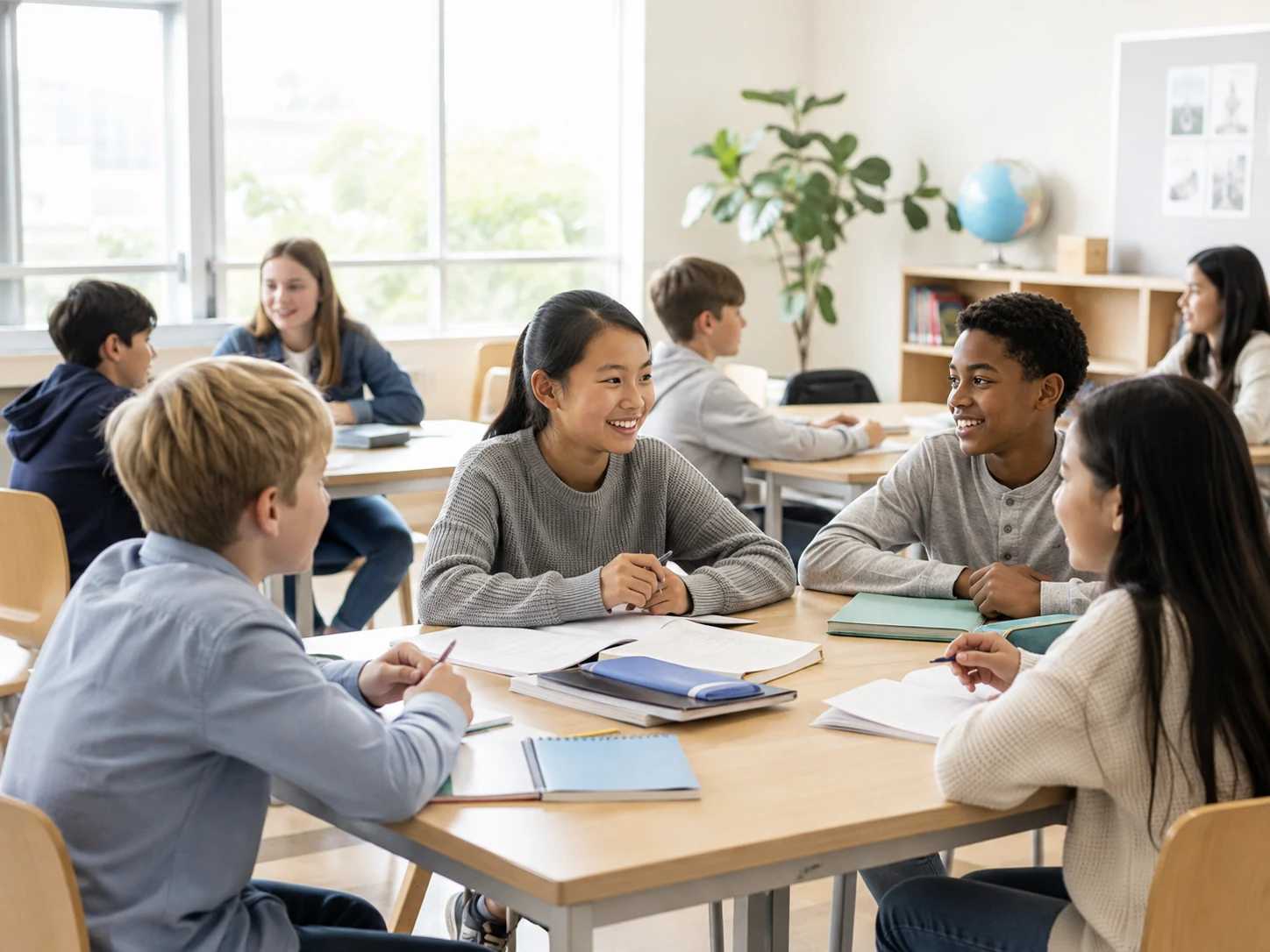 明るい教室で学ぶ学生たちのイメージ